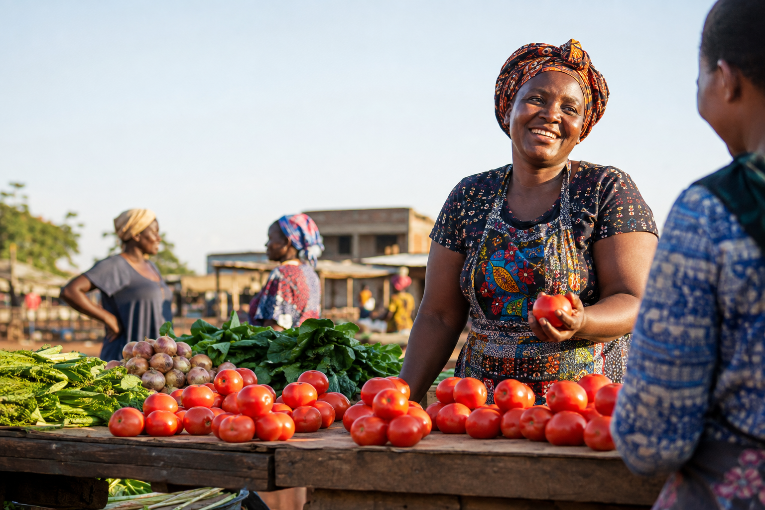 A smiling Zimbabwean market vendor selling fresh tomatoes and vegetables